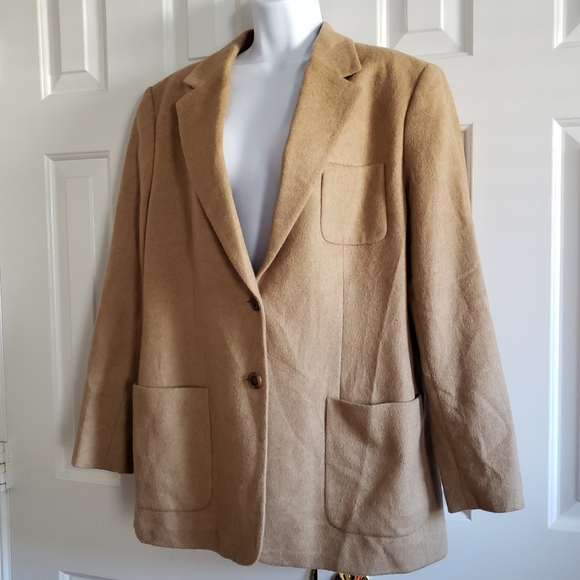 Talbots Womens Pure Camel Hair Blazer 14 FLAWS Tan Vintage 2 Button Long - Picture 3 of 14